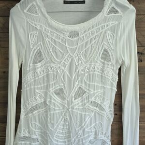 Zara Cream Long-Sleeve Embroidered Scoop Neck Tee
